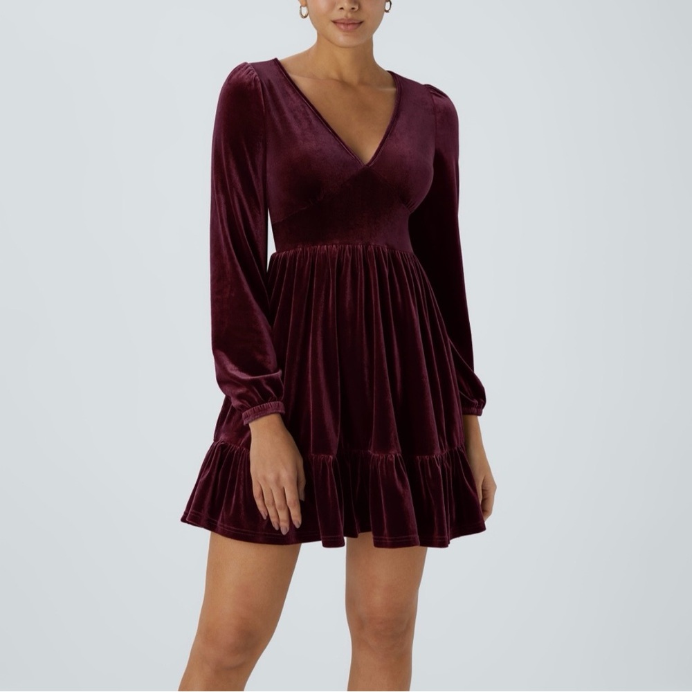 Halara Deep V Neck Long Sleeve Ruffled Hem Velvet Mini Dress, Size XS